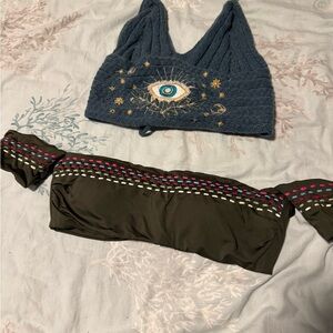 Blue Knit Top with Eye Design and Olive Green Bandeau burning man/ festival